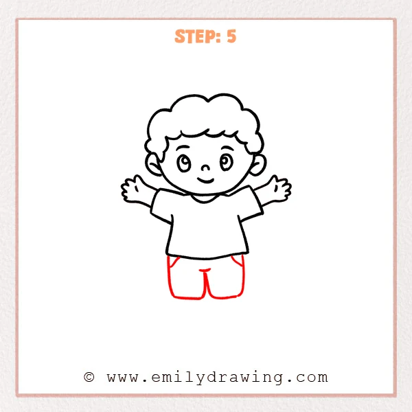 how to draw a cartoon man - Cartoon man with full upper body and arms, now with simple shorts and two rounded pant legs added beneath the shirt.